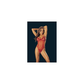 Lace and Stretch Mesh  Peek-a-boo Crotchless Teddy -  Red - One Size