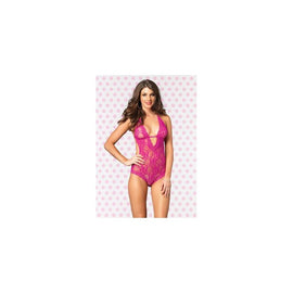 Lace Deep-v Halter Teddy -  Hot Pink - One Size