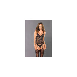 2 Pc. Sheer Lace Peek-a-boo Underwire Cami Garter  & Matching Crotchless Panty - Large