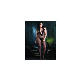 Fishnet Bodystocking with Deep-v Halter Top - Black - Queen Size