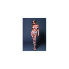 Lace Cage Strap Wrap Around Bodystocking - White - One Size