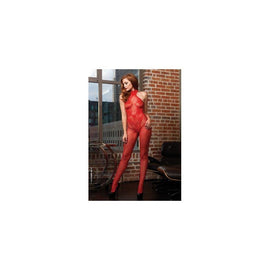 Fishnet Halter Bodystocking with Floral Lace Hourglass Detail - One Size - Red