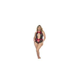 Lace Teddy W/neck & Waist Satin Ties - Black/red - Queen Size