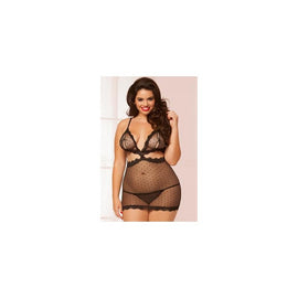 Dotted Mesh and Lace Chemise  and Thong Set - Black - Queen  Size