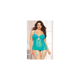 Lace and Mesh Bustier and  Thong Set - 3x - 4x - Teal