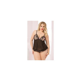 Lace and Mesh Babydoll with Panty - Black - One Size Queen
